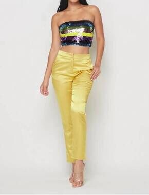 NEW THE SANG a sequin tube top and satin pants set in yellow
